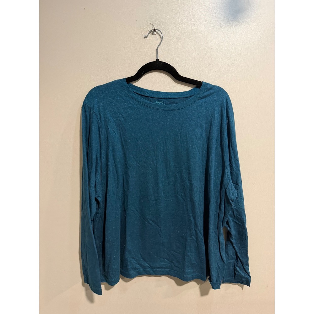 Talbots Woman Teal Blue Metallic Shimmer Long Sleeve Cotton Top 2X
